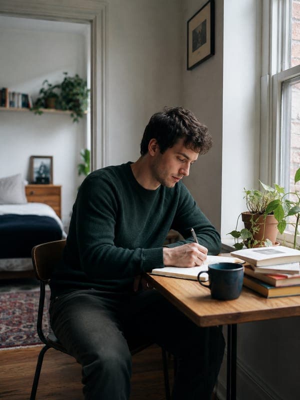 A young man writing in a notebook at a desk by a window, with books and a mug beside him.