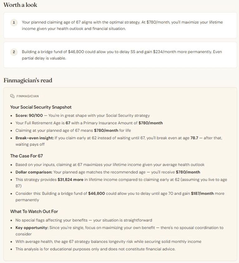 The Finmagician's read for Social Security — a structured snapshot, the case for claiming at 67, and things to watch.