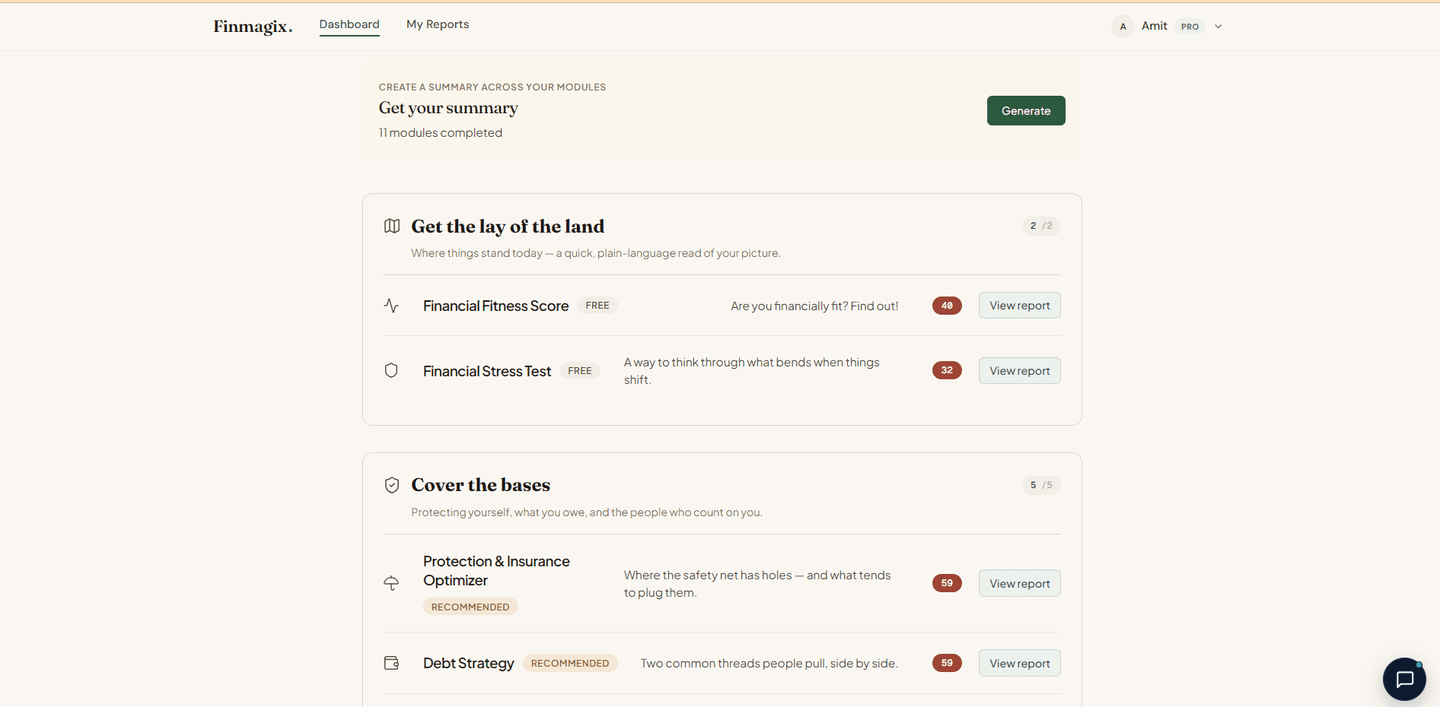 Finmagix Lite dashboard — a 'Create a summary across your modules' panel at the top with a Generate button and '11 modules completed' status, followed by category groups ('Get the lay of the land' with Financial Fitness Score and Financial Stress Test, and 'Cover the bases' with Protection & Insurance Optimizer and Debt Strategy), each module showing its name, tier badge (Free / Recommended), one-line description, and current score.